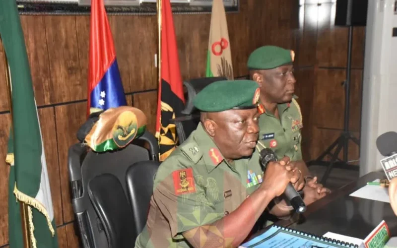 Major General Bemgba Koughna of the Nigerian Army speaks at a briefing.