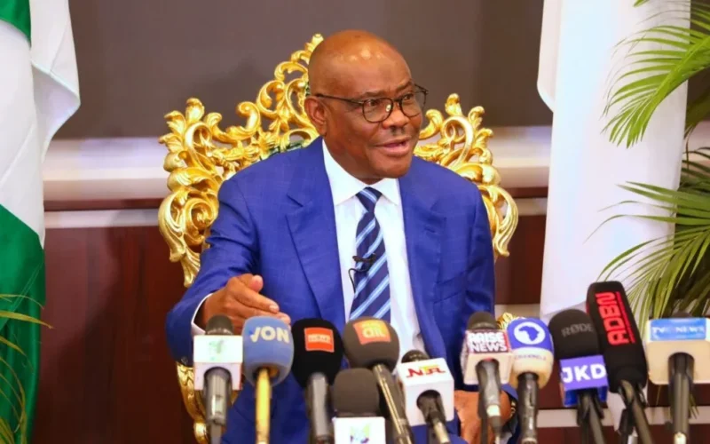 FCT Minister Nyesom Wike speaking during a media briefing