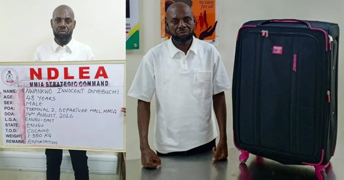 Nwankwo Innocent Onyebuchi with luggage after an NDLEA arrest at Lagos airport