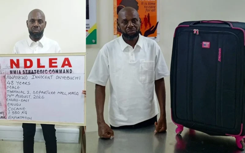 Nwankwo Innocent Onyebuchi with luggage after an NDLEA arrest at Lagos airport