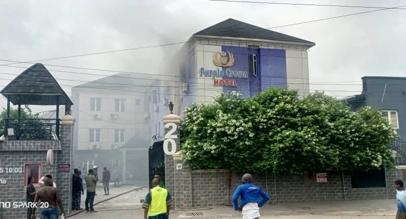 Smoke outside Purple Crown Hotel in Ikeja, Lagos, after a fire outbreak on August 15, 2026.