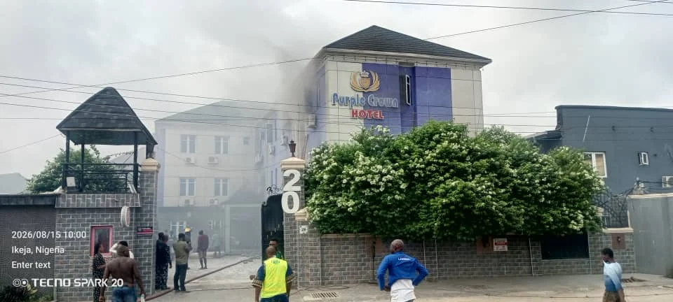 Smoke outside Purple Crown Hotel in Ikeja, Lagos, after a fire outbreak on August 15, 2026.