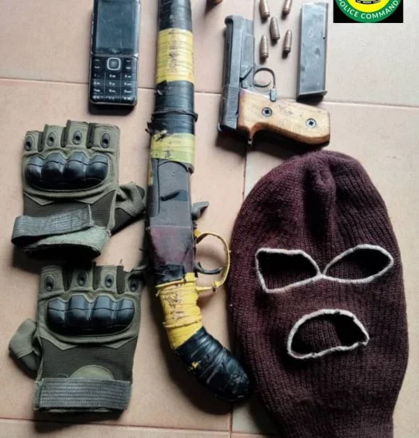 Recovered firearms, ammunition and other items displayed by Enugu police after the kidnap rescue
