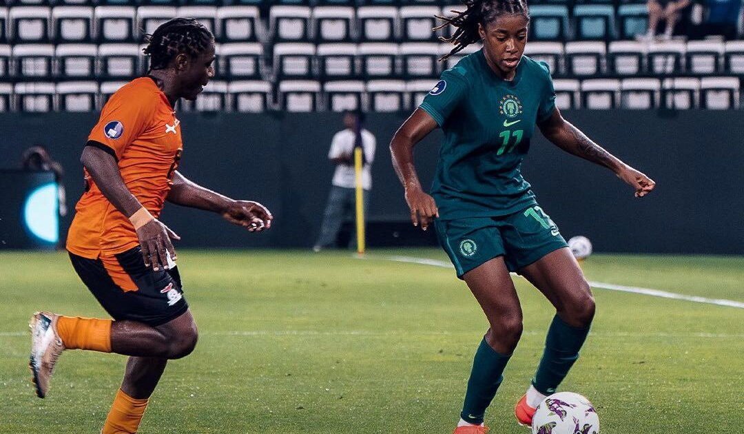 A Super Falcons player controls the ball against Zambia during WAFCON 2026
