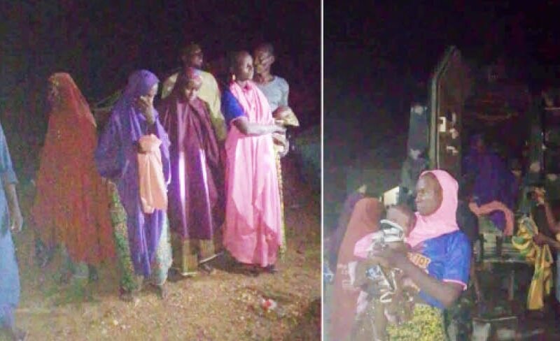 Rescued civilians seen at night after troops foiled an abduction attempt in Zamfara