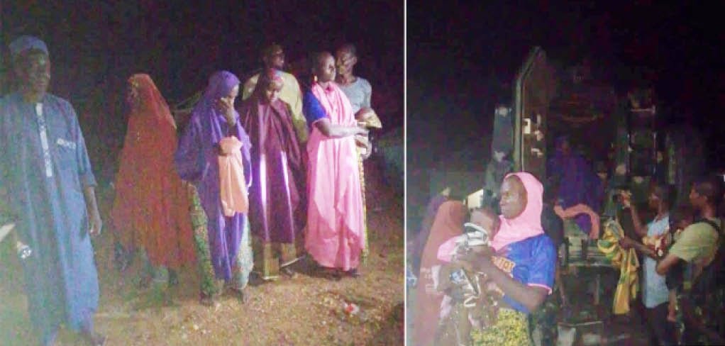 Rescued civilians seen at night after troops foiled an abduction attempt in Zamfara