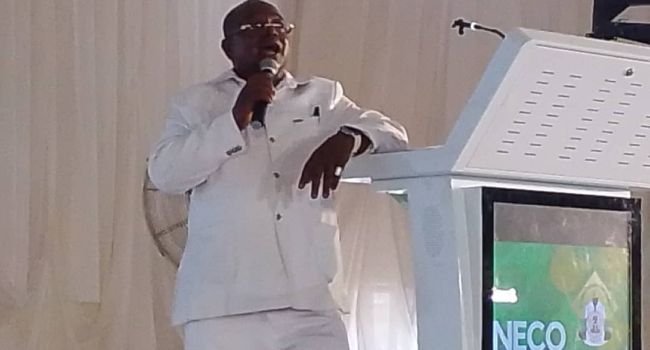 NECO registrar Dantani Wushishi speaking during the 2026 SSCE result briefing
