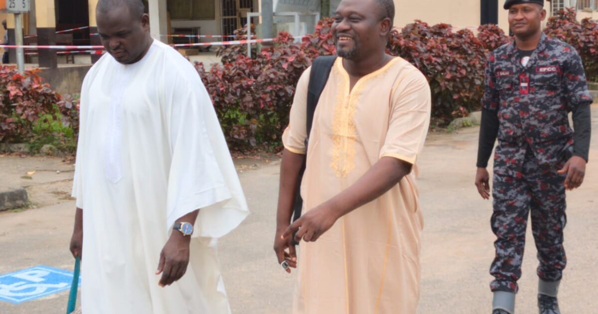 Ali Bala and Yusuf Umar Anka outside the Lagos court after their EFCC arraignment.