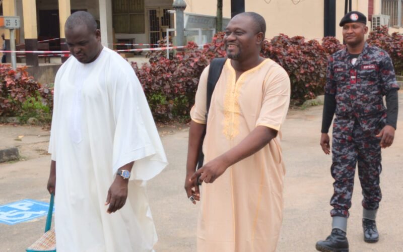 Ali Bala and Yusuf Umar Anka outside the Lagos court after their EFCC arraignment.