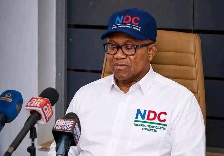 Peter Obi wearing Nigeria Democratic Congress clothing during an interview setting