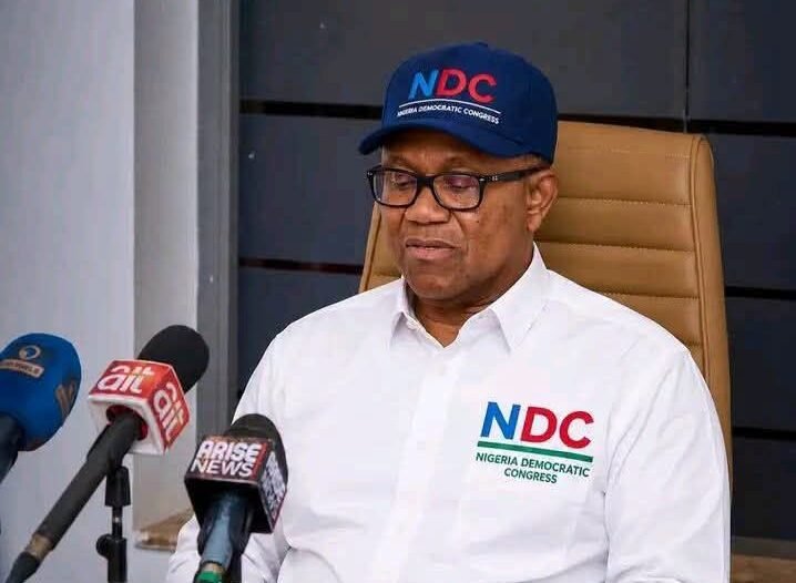 Peter Obi wearing Nigeria Democratic Congress clothing during an interview setting