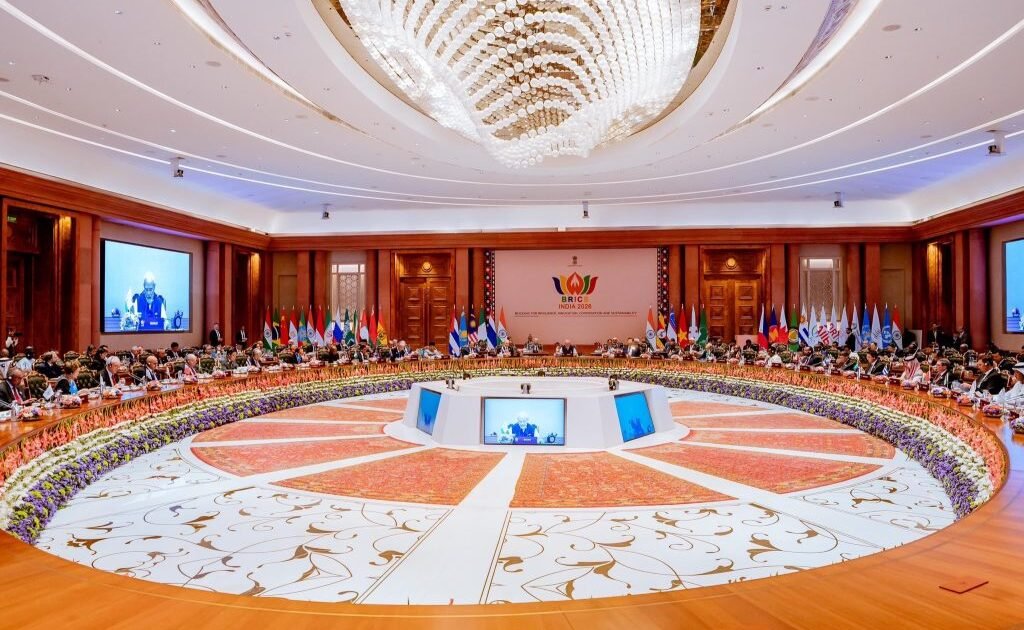 The plenary hall of the 2026 BRICS Summit in New Delhi, India, where Nigeria called for reform of the United Nations and the global financial system