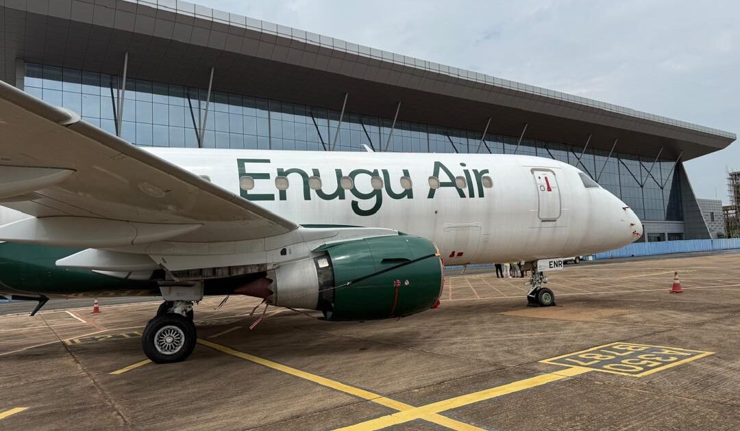 Enugu Air aircraft parked at an airport, pictured before the planned Enugu–Douala service