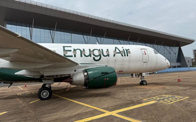 Enugu Air aircraft parked at an airport, pictured before the planned Enugu–Douala service