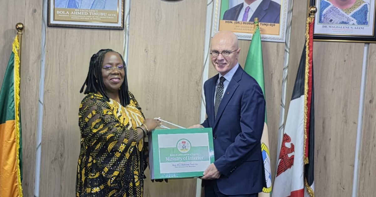 Ministry of Interior Permanent Secretary Magdalene Ajani and Canadian Charge d’Affaires David Sproule during their Abuja meeting