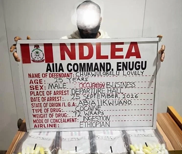 NDLEA arrest photo showing suspect board for 72 cocaine wraps at Enugu airport