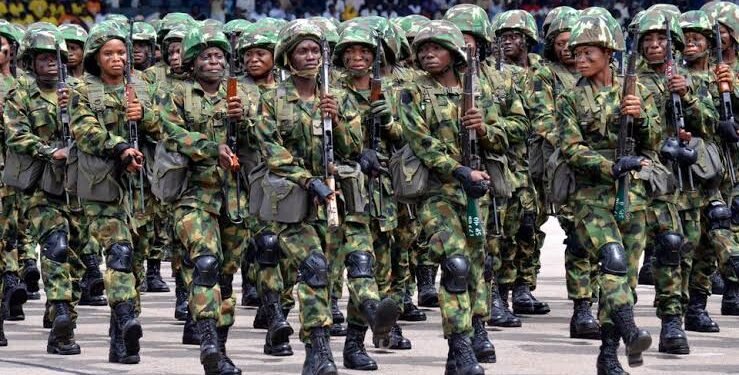 Nigerian Army troops in formation, used as a contextual image for the Benin-Sapele Road kidnapping arrest report