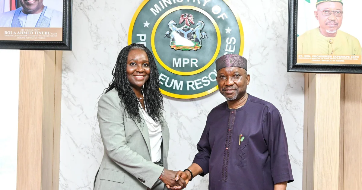 NUPRC official Oritsemeyiwa Eyesan with Minister of State for Petroleum Resources (Gas), Ekperikpe Ekpo