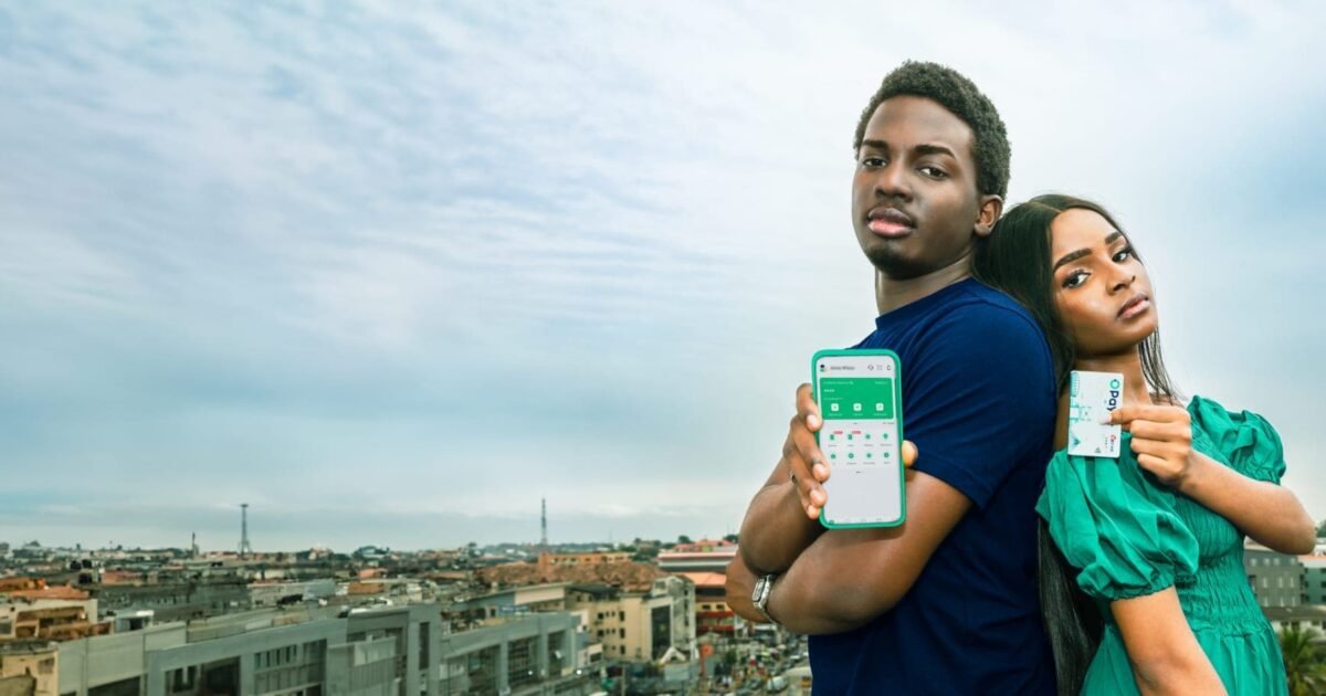 Two people display an OPay app screen and debit card in an official OPay image