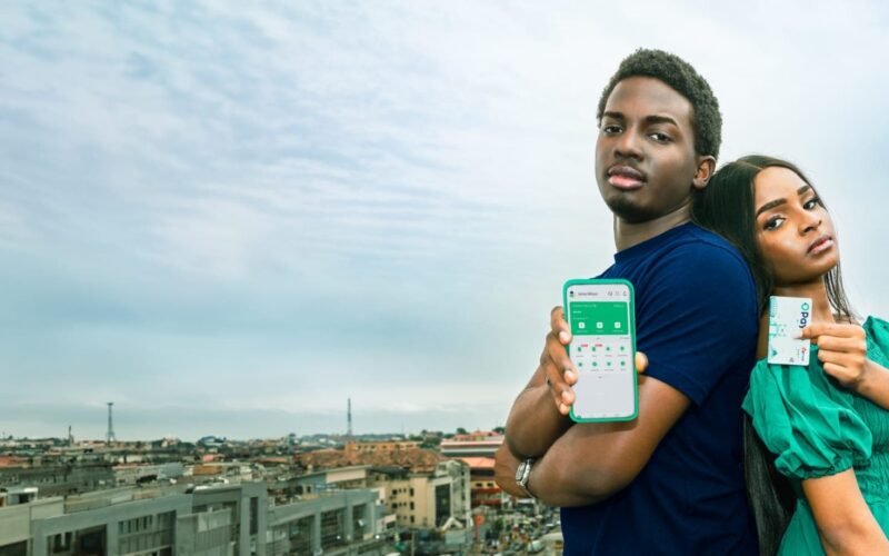 Two people display an OPay app screen and debit card in an official OPay image