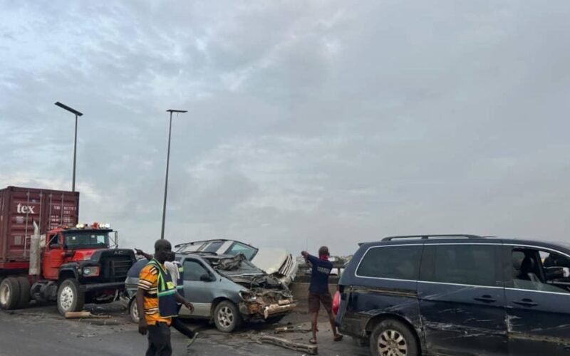 Container truck and damaged vehicles after the Kara Bridge crash
