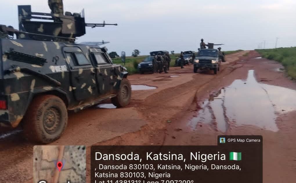 Troops on a rural road during an Operation Fansan Yamma field operation in Katsina