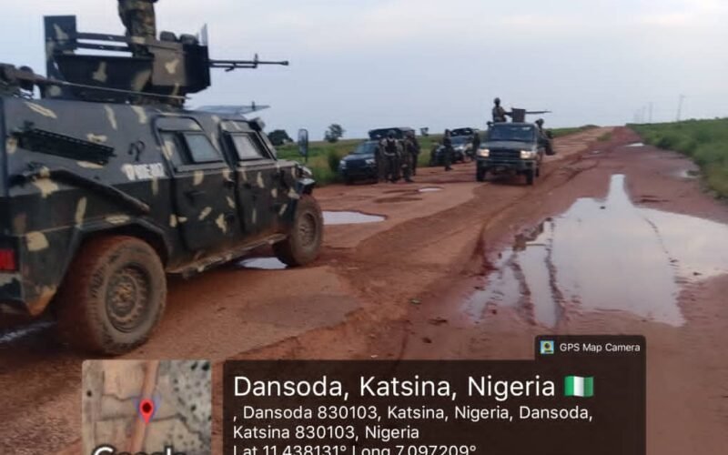 Troops on a rural road during an Operation Fansan Yamma field operation in Katsina