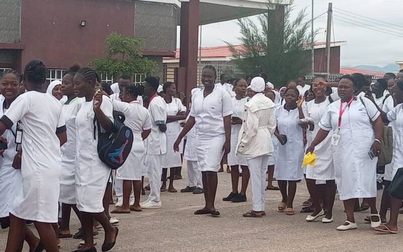 Nursing students gathered during a protest in Jalingo
