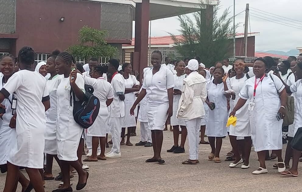 Nursing students gathered during a protest in Jalingo