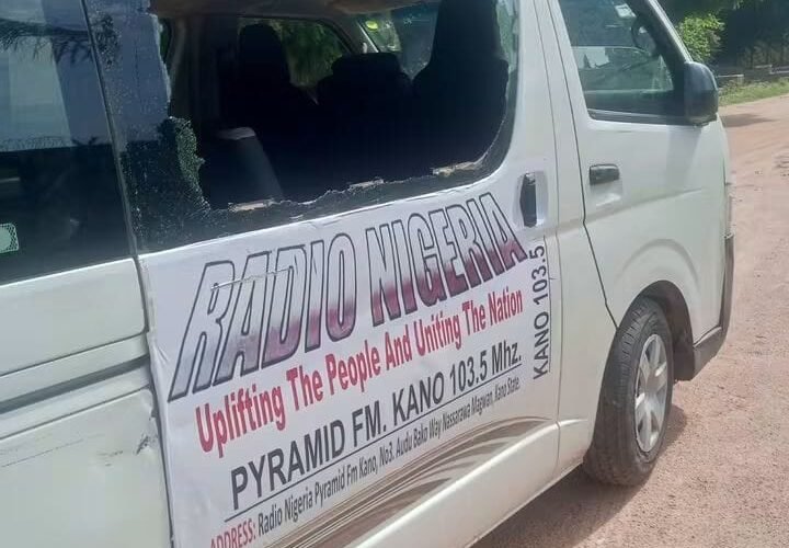 A damaged Radio Nigeria vehicle after an attack on journalists in Kano