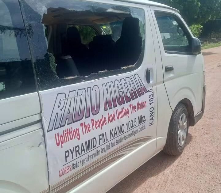 A damaged Radio Nigeria vehicle after an attack on journalists in Kano