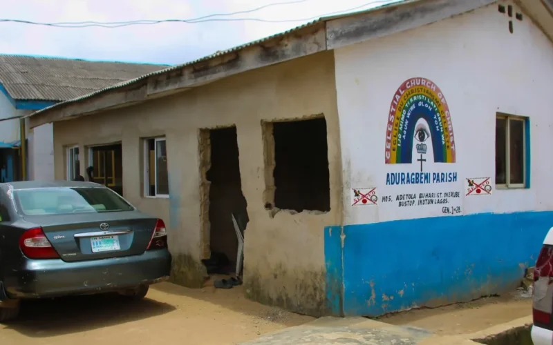 A sealed Celestial Church of Christ parish building in Lagos after LASEPA enforcement action