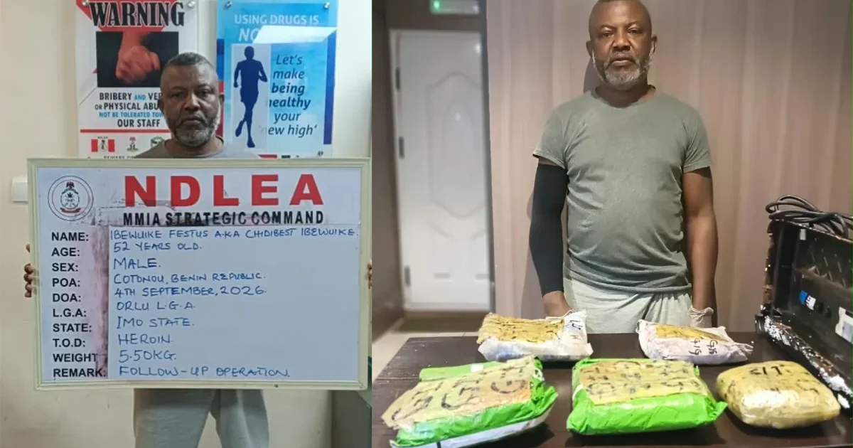 Festus Ibewuike shown in an NDLEA arrest image linked to the heroin seizure case