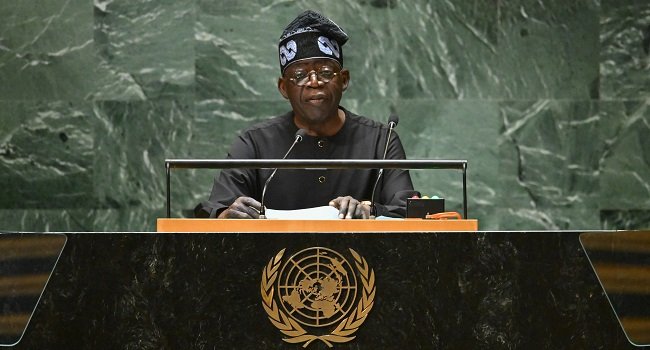 President Bola Tinubu speaking at the United Nations General Assembly podium in an earlier session