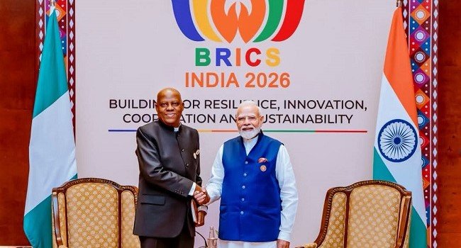 Vice President Kashim Shettima shakes hands with Indian Prime Minister Narendra Modi at BRICS India 2026