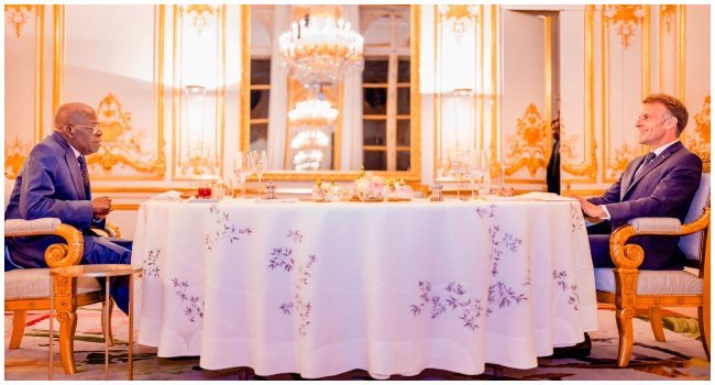 President Bola Tinubu and President Emmanuel Macron at dinner in Paris