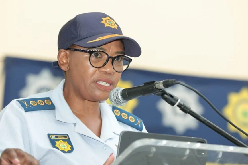 Deputy Police Chief Tebello Mosikili speaks during a South African police briefing