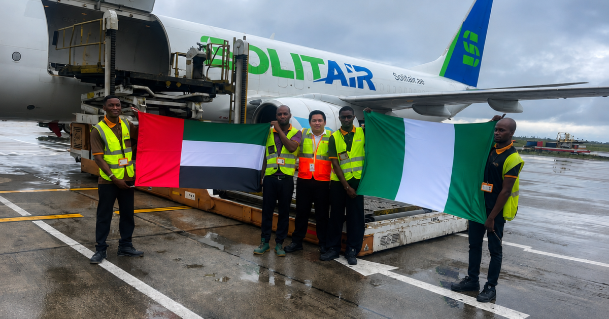 SolitAir cargo aircraft with Nigerian and UAE flags during launch of its Nigeria route