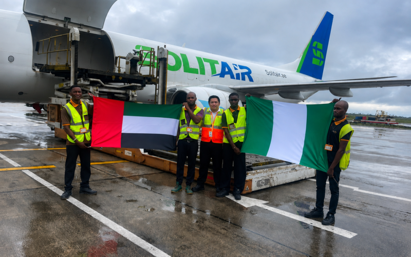 SolitAir cargo aircraft with Nigerian and UAE flags during launch of its Nigeria route