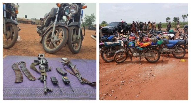 Photo collage showing motorcycles and recovered weapons.