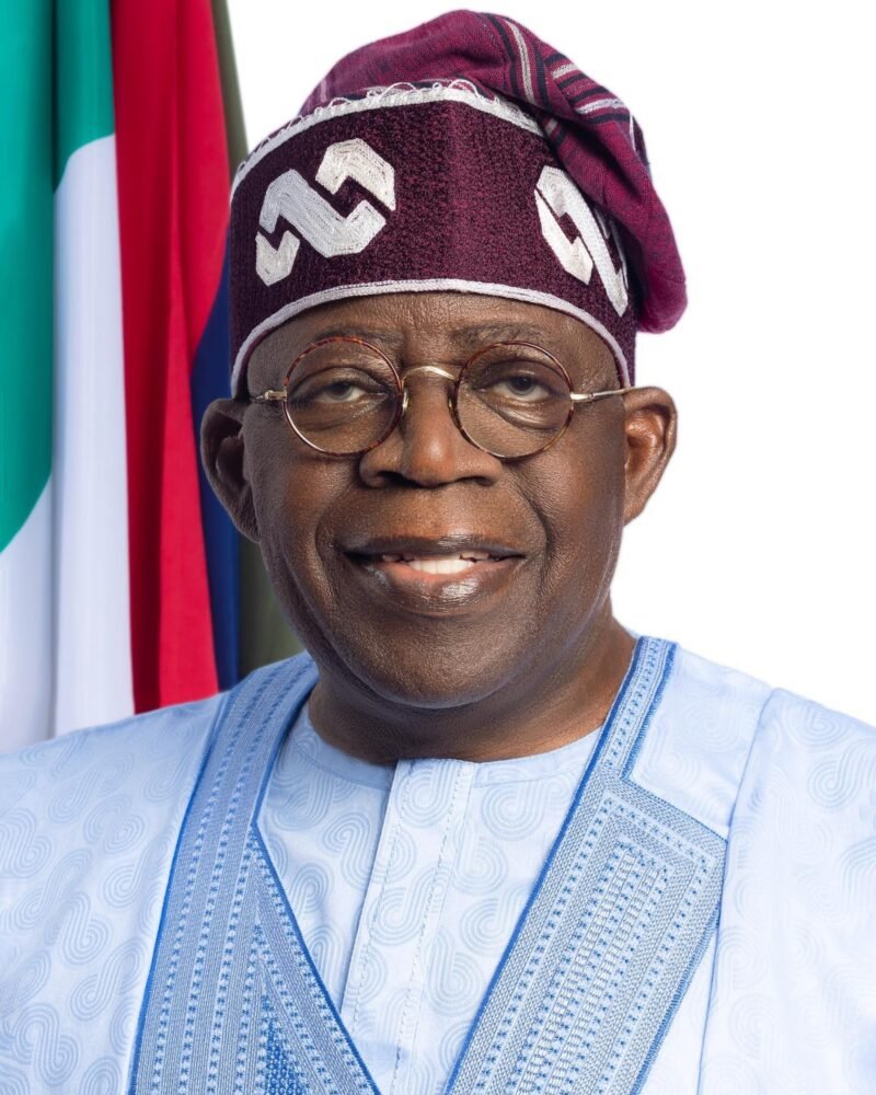Bola Tinubu wears a patterned cap, glasses and light blue traditional clothing beside flags.
