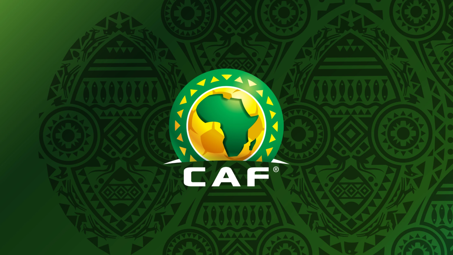 The logo of the Confederation of African Football over a green patterned background.