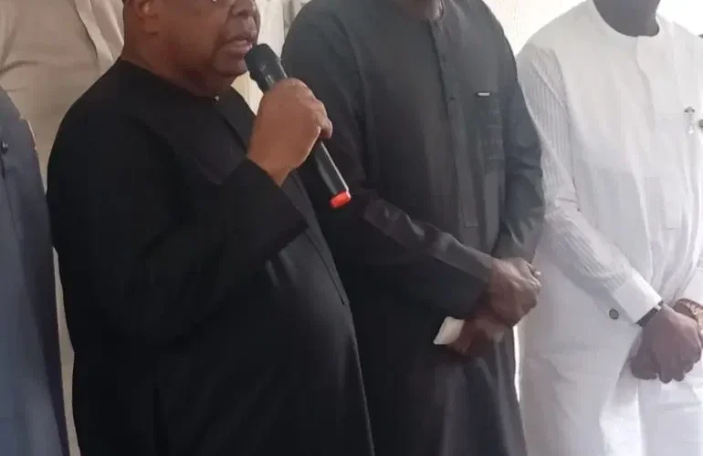 An official speaks into a handheld microphone beside other officials at the Lagos electricity-market retreat