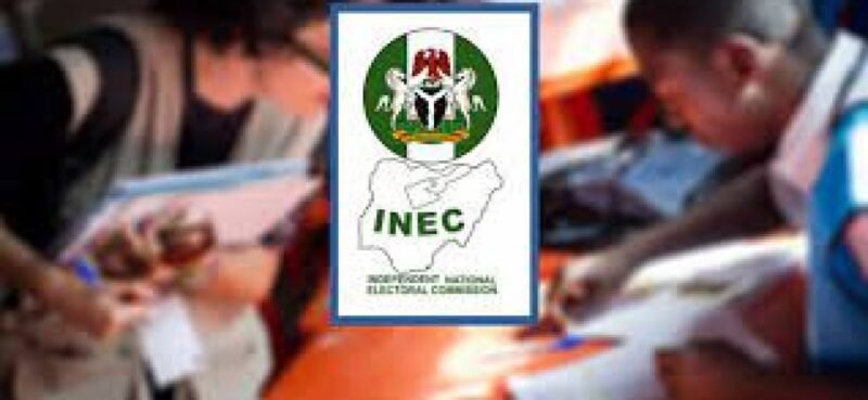 The Independent National Electoral Commission emblem over a blurred background of people handling registration materials.