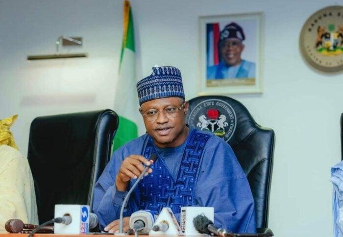 Kaduna Governor Uba Sani at a briefing. File photograph.