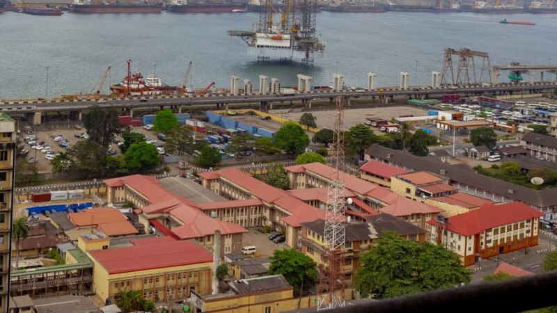 Aerial view of Lagos Island General Hospital's red-roofed buildings, with the lagoon and port area behind