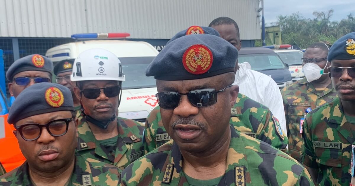 Chief of the Air Staff Sunday Aneke during a visit to the Ondo crash-response operation. Photo: Premium Times.