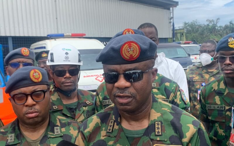 Chief of the Air Staff Sunday Aneke during a visit to the Ondo crash-response operation. Photo: Premium Times.