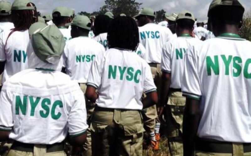 NYSC members wearing white shirts and green caps, seen from behind.