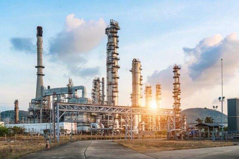 A large oil refinery complex with distillation towers and chimneys under a partly cloudy sky.